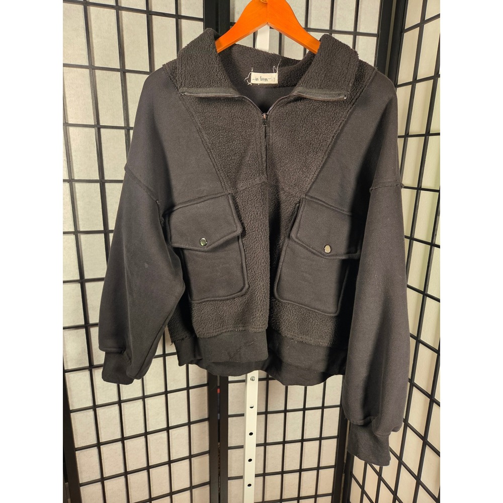 In Loom Lagenlook Granola Cabin Cozy Sherpa Utility Quarter Zip Black Small